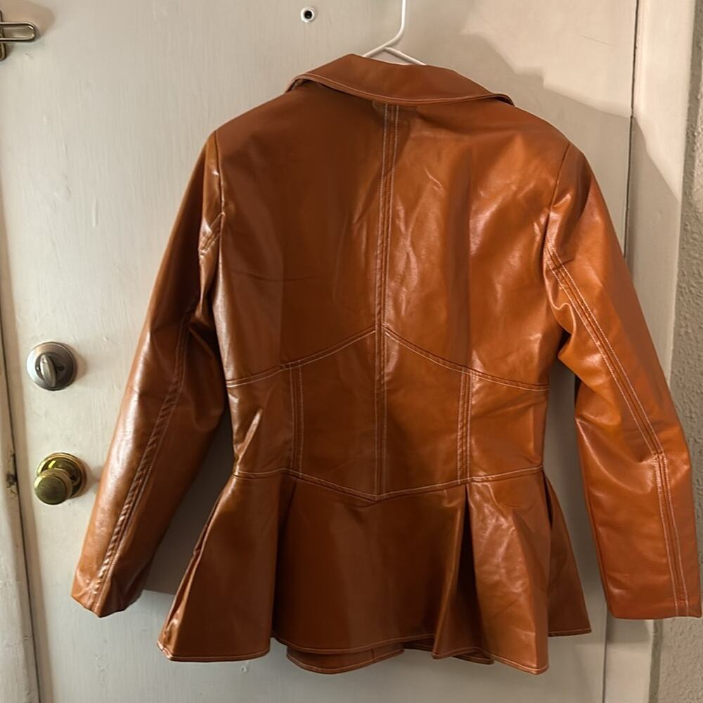 Pressed Brown Zip Up Peplum PU Jacket Swing Coat XL Boho Indie Rocker Glam Retro - Picture 6 of 12